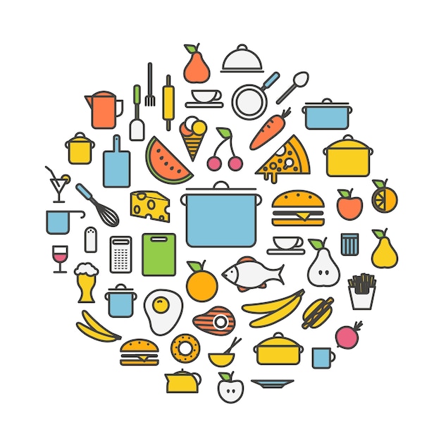 Vector kitchen tools and meal silhouette icons circle composition design elements