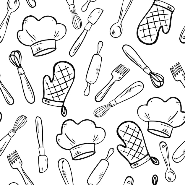 Modello senza cuciture di utensili da cucina. doodle stile a mano libera per le cose da cucina. stoviglie. sfondo di utensili da cucina. cartoon illustrazione vettoriale per tessuto, tessile, abbigliamento, carta da parati.