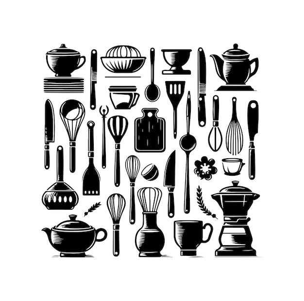 Vettore collezione vettoriale di silhouette di utensili da cucina