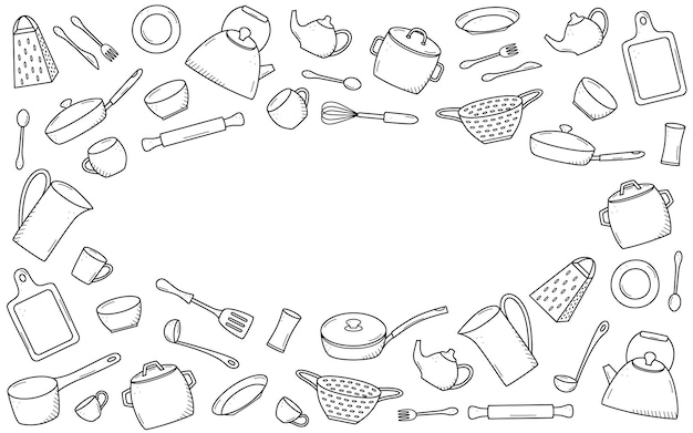 Vector kitchen tools and tableware doodle icon vector illustration set of elements cook