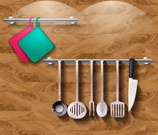 Vector kitchen tools with kitchenware on a wooden wall. vector