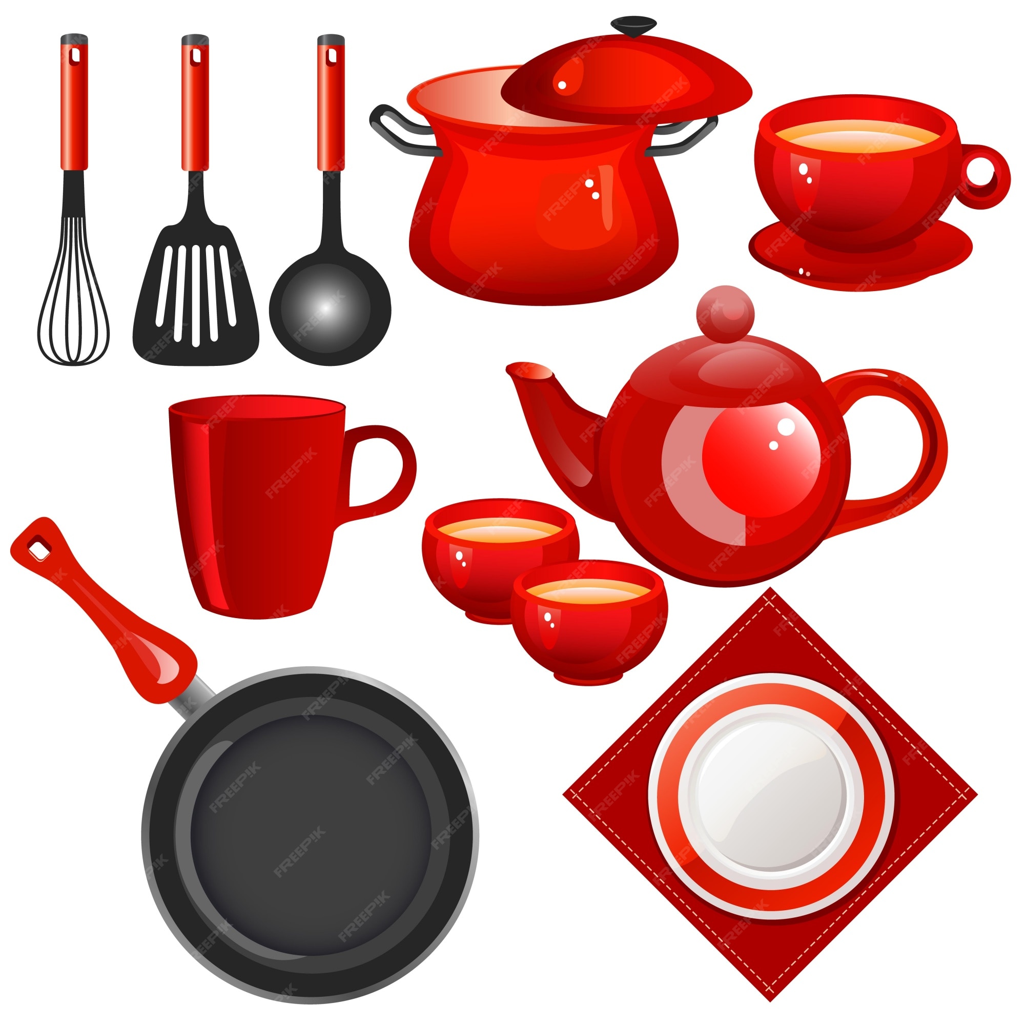 Set of Cooking Red Kitchen Utensils and Cookware. Pots and Pans Stock  Illustration - Illustration of pots, cooker: 110231465