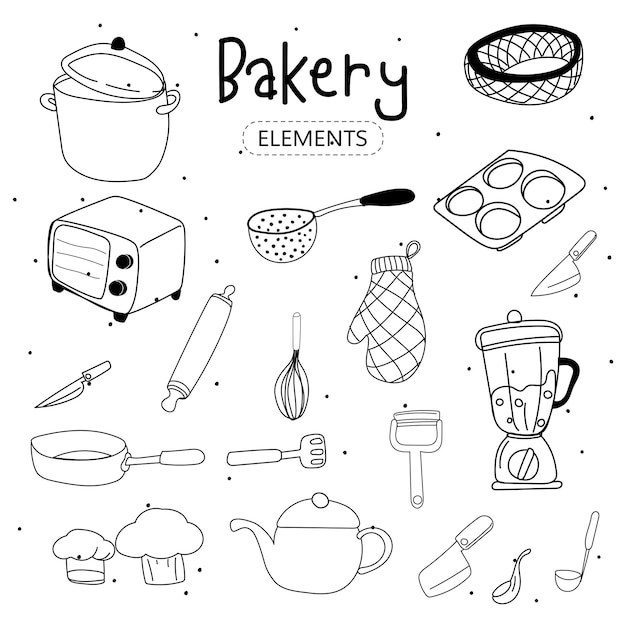 Vector kitchen utensils and bakery tools doodle hand drawn vector illustration