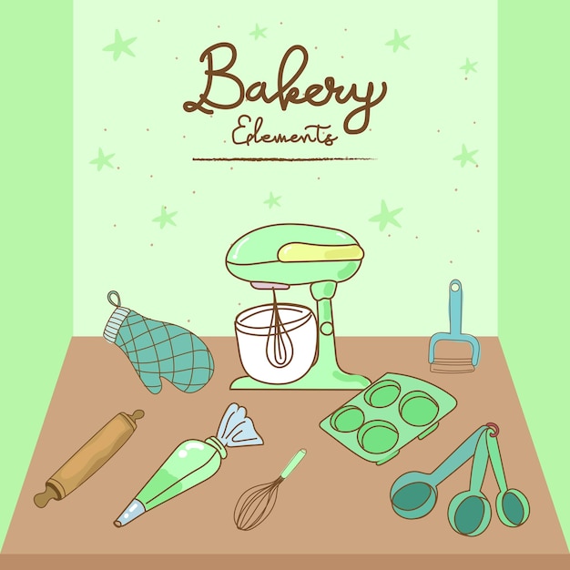 kitchen utensils and bakery tools doodle