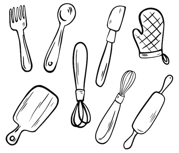 Collezione di utensili da cucina. utensili da cucina, line art. forchetta, coltello, pentola, supporto, frusta, cucchiaio, mattarello e tagliere. illustrazione vettoriale disegnato a mano.