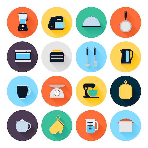 Kitchen utensils and cookware flat icons set