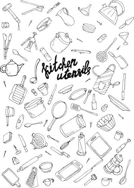 Vettore utensili da cucina doodle