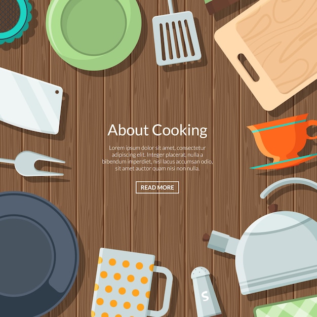 Vector kitchen utensils flat icons on wooden texture with place for text