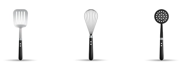 Kitchen utensils isolated on white background Spatula skimmer and whisk Vector illustration