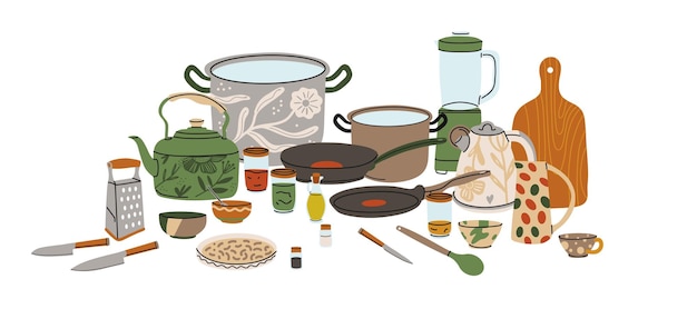 kitchen utensils kitchenware tools and equipment frying pan saucepan knives and forks cutlery objects for food cooking modern contemporary crockery cartoon flat isolated vector illustration