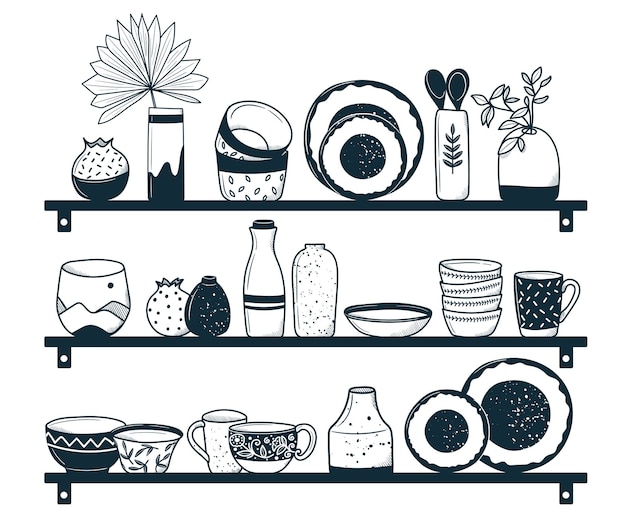 Кухонная утварь на полке декоративная керамическая посуда или посуда в стиле ретро