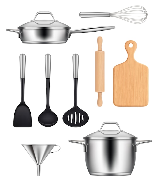 Vettore utensili da cucina. pentole pentola in acciaio bistecchiere coltelli articoli per cucinare cibo immagini realistiche impostate. illustrazione utensile da cucina in acciaio, cucina stoviglie