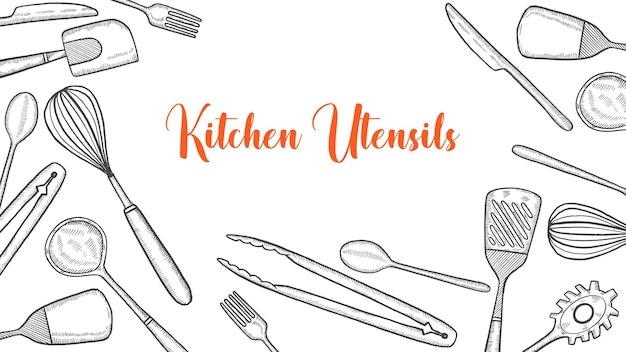 Kitchen utensils set collection with hand drawn sketch for background banner template poster