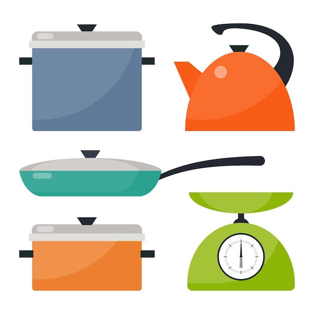 Kitchen utensils set Frying pan saucepan kettle scales Vector flat illustration