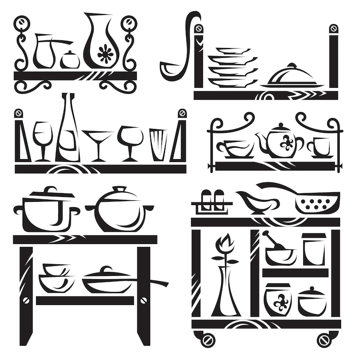 Vector kitchen utensils on shelves