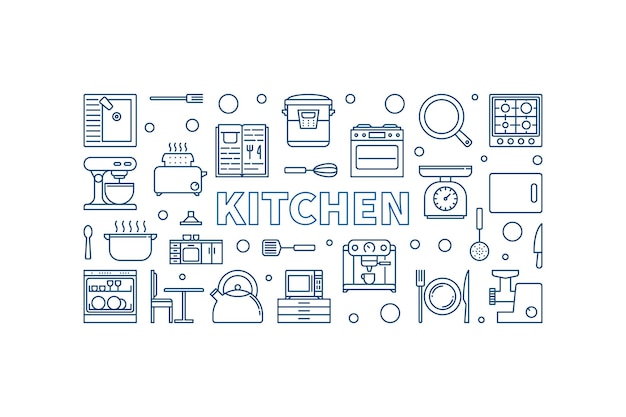 Kitchen vector blue horizontal illustration or banner