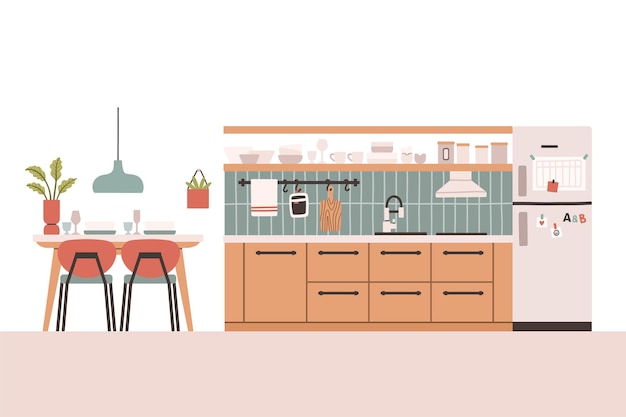 Кухня с мебелью Уютный интерьер кухни с столовой плитой шкафом посудой и холодильником Вектор