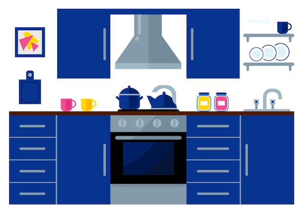 Vector kitchen with furniture flat vector illustration. kitchen background