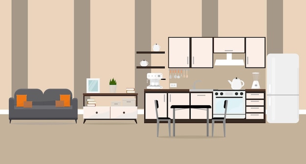 Kitchen with sofa table and shelves apartment interior