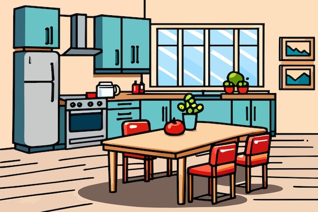 A kitchen with a stove and a table with chairs and a stove.