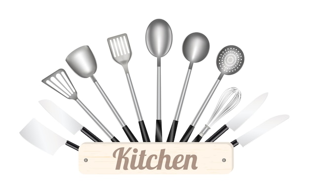 Vector kitchen wood board with kitchen tool