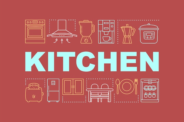 Vector kitchen word concepts banner. food cooking room. kitchen appliances. dining room. home maintenance. presentation, website. isolated lettering typography idea, linear icon. vector outline illustration