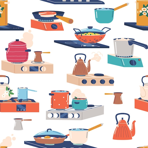 Vector kitchenthemed seamless pattern with various tableware and ovens in a repeating design suitable for use as wallpaper