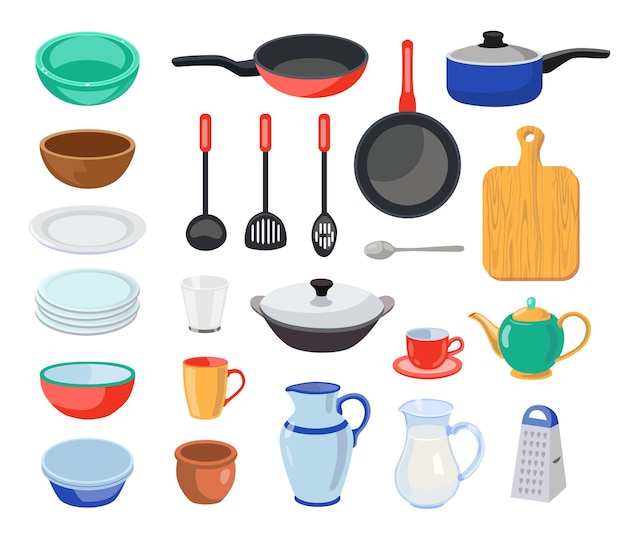 Вектор Набор посуды и посуды иллюстрации. коллекция посуды, различных инструментов и инструментов, чашка, миска, тарелки, ложка, сковороды, изолированные на белом