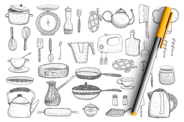 台所用品と調理器具の落書きセット。手描きのやかん、フライパン、ミキサー、ナイフ、ティーポット、カトラリー、カップとマグカップ、食器、ミトン、グリルのコレクション