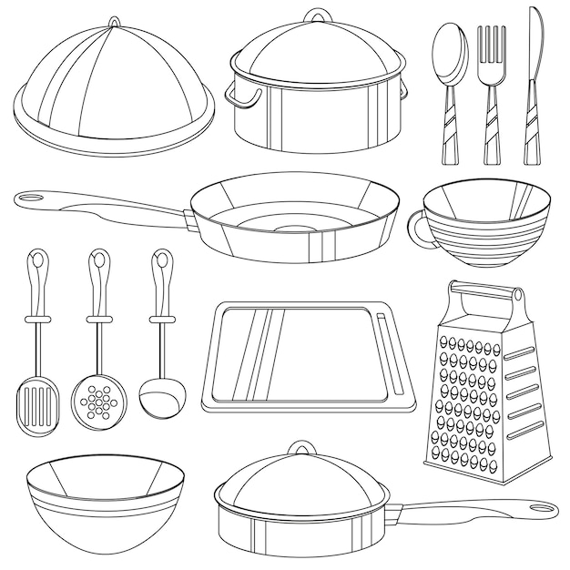 Kitchenware coloring book. Vector illustration for children - cooking equipment icon set - frying pan, cup, pan, bowl, board, etc