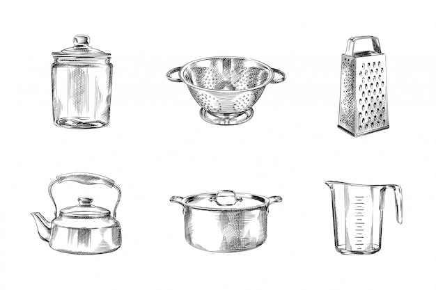 Кухонные принадлежности ручной обращается эскиз, иллюстрация