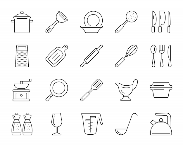 Kitchenware line icons set, cookware simple sign, dishware for food cooking.