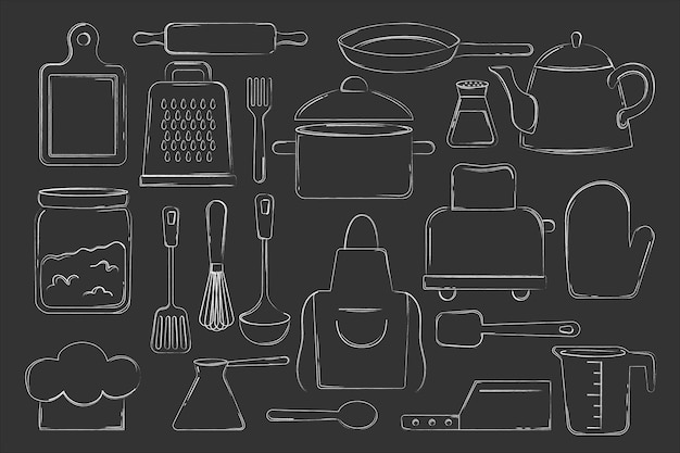 Вектор Кухонная утварь на доске фоновый вектор иллюстрация кухонная утварь иконки в стиле эскиза