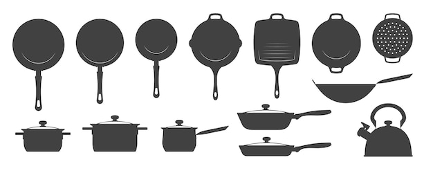 Kitchenware set Silhouettes of pans pots and other on white Vector illustration