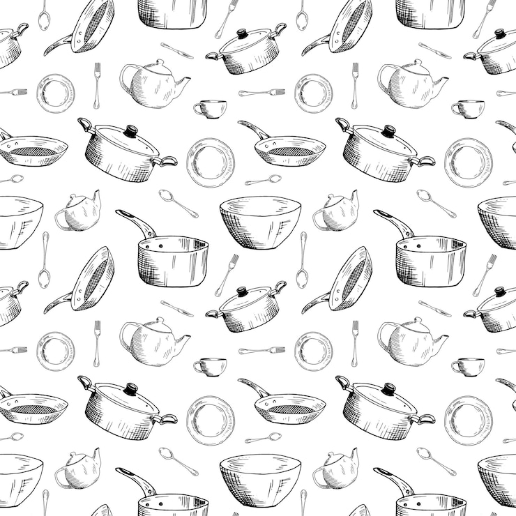 Vector kitchenware and utencil. hand-drawn vector sketches. seamless pattern