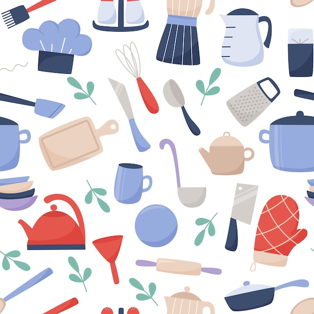 Vector kitchenware and utensils seamless pattern