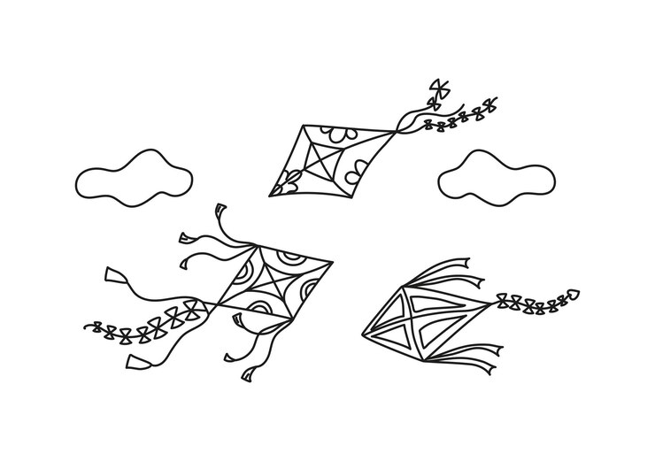 वेक्टर kite flying in the sky clouds hand drawn icon doodle set linear drawing sketch isolated background