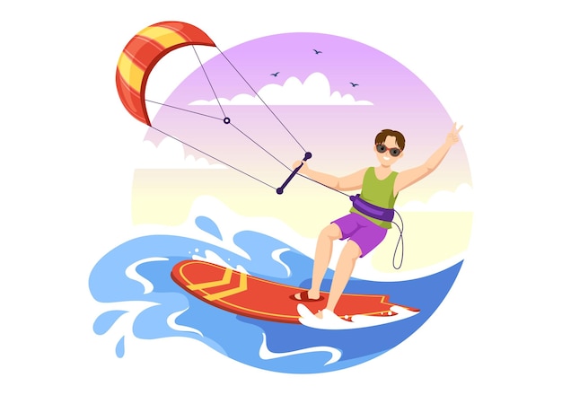 Kitesurfing Illustration with Kite Surfer Standing on Kiteboard in Sea in Cartoon Hand Drawn Design