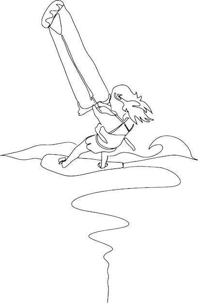 Kitesurfing Line Art, Athlete Sport Simple Sketch, Outline Drawing, Water Extreme, Vector, Skiing