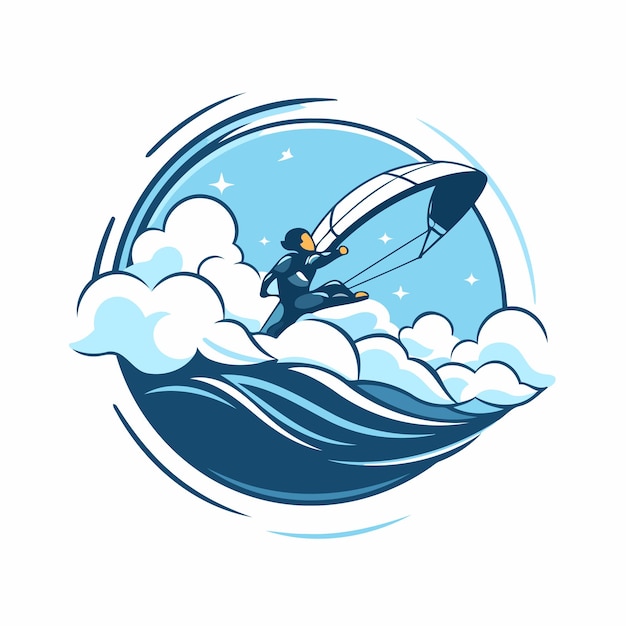 Kitesurfing logo vector illustratie van een kite surfer op een golf