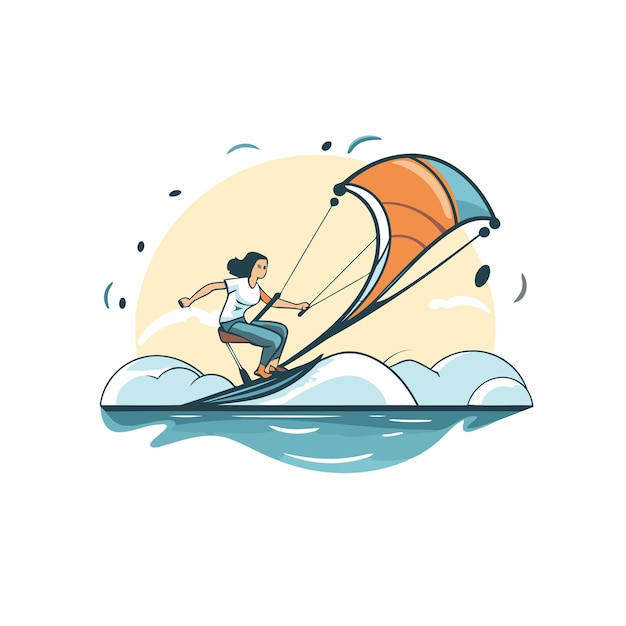 Vector kitesurfing sport vector illustration man riding a kite on the waves