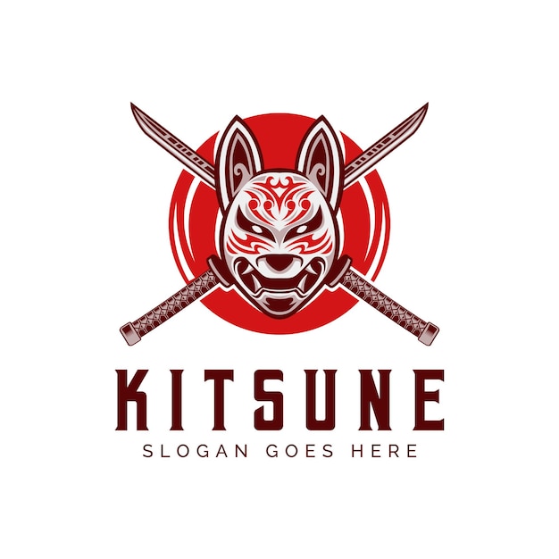 Kitsune and Cross Katana samurai Shuriken Head Japan Wolf Logo Modern Style Vector illustration