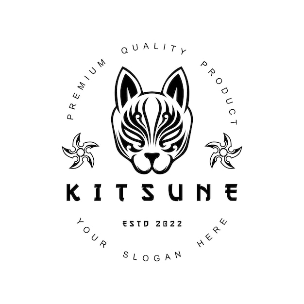 빈티지 스타일 흑백 벡터 일러스트 레이 션에 Kitsune 일본 늑대 로고