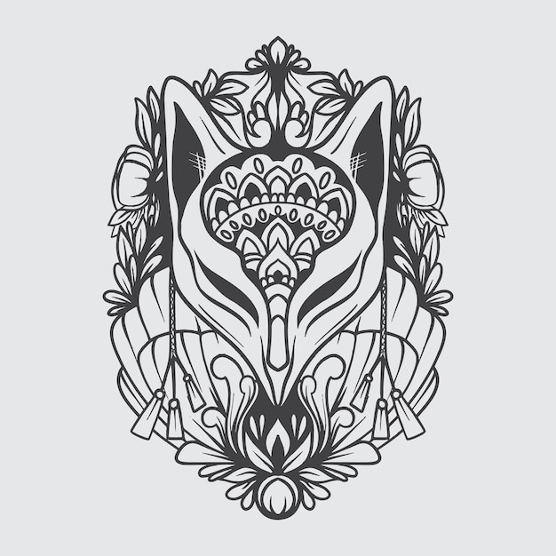 Kitsune mask ornamental stencil black and white 