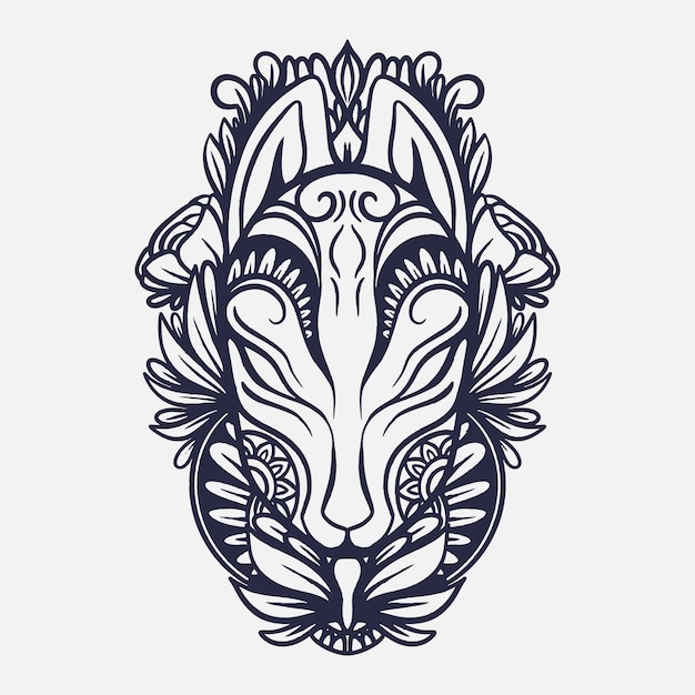Kitsune mask outline line art illustration with floral ornament