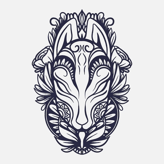 Illustrazione di arte linea contorno maschera kitsune con ornamento floreale