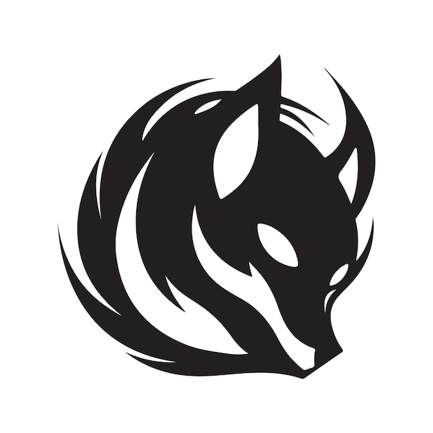 Illustrazione disegnata a mano di colore bianco e nero di concetto di arte di linea di logo dell'annata di kitsune