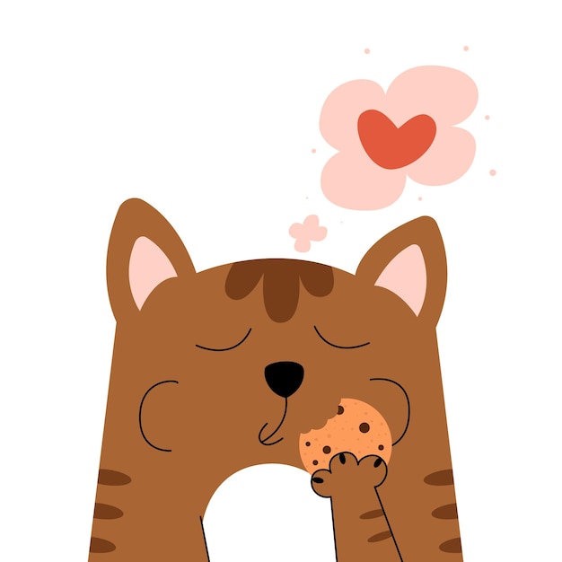 Kitten eats cookies, funny cat illustration, cute kitty and cookies, funny cat on white background