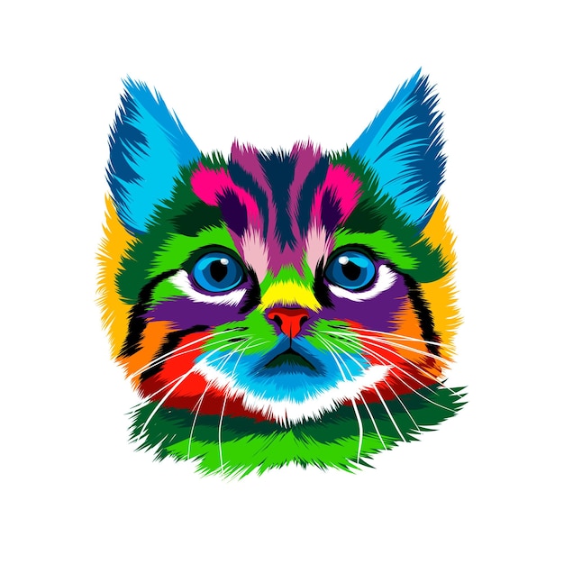 Kitten face portrait cat face from multicolored paints Splash of watercolor colored drawing