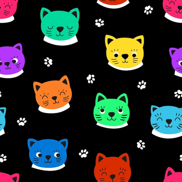 Kitten heads seamless pattern cat faces fabric print neon color characters and paws vector background childish decorative design